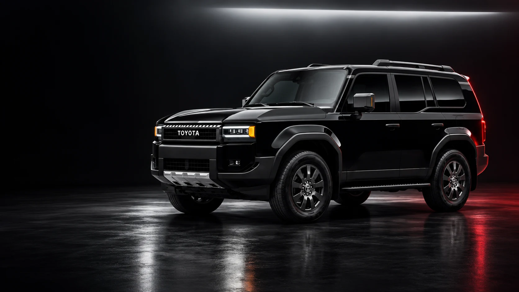 Linhas e detalhes do Toyota Land Cruiser preto num estúdio cinematográfico